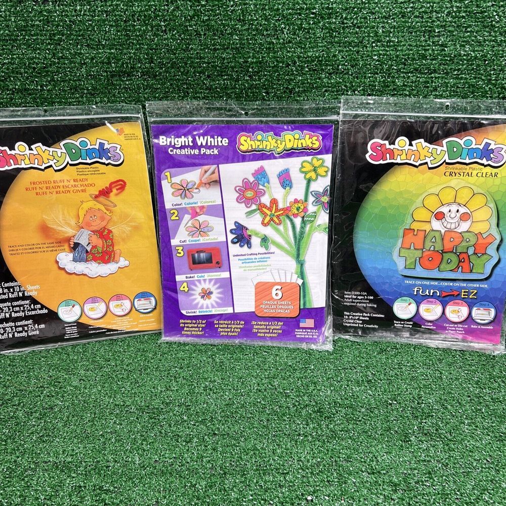 Shrink Dinks Lot Of 3 Frosted Ruff N' Ready Flowers Crystal Clear Plastic